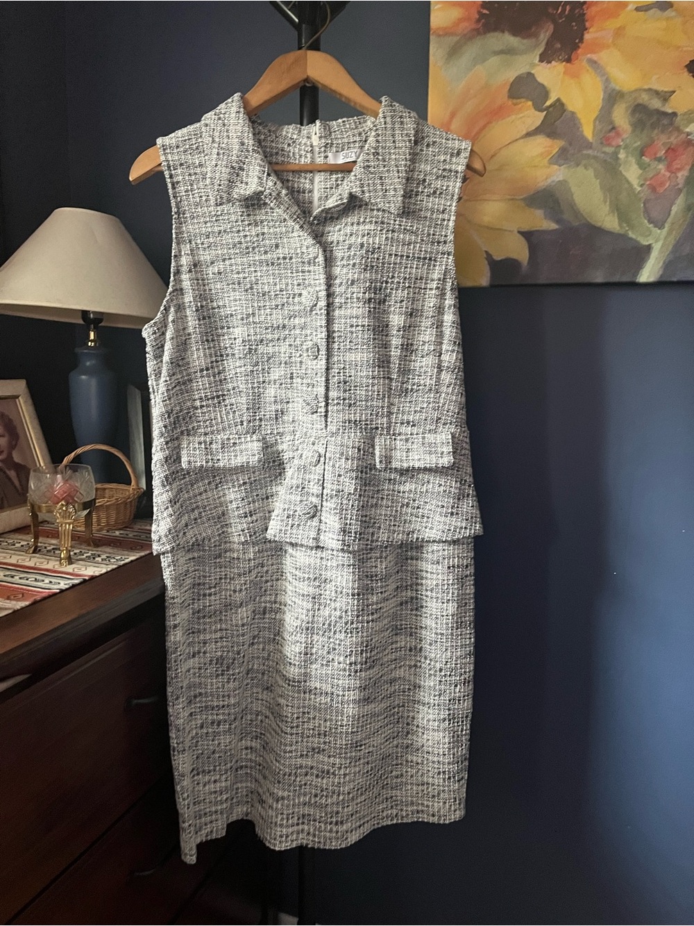 Sleeveless Tweed one Piece Dress Set in Light Gray and Black